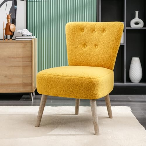 DEKKETO Eleganter Lounge Sessel, Modern Schminktisch Sessel Ohrensessel, Cocktailsessel mit Holzbein fürs Wohnzimmer Schlafzimmer, Teddystoff, Gelb