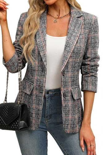 ELLEVEN Damen-Blazer, Reverskragen, kariert, 2 Knöpfe, Boyfriend-Blazer, Anzug, Hahnentrittmuster, Arbeit, Büro, Blazer