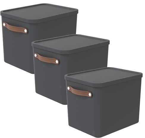 Rotho Maloja Aufbewahrungsbox mit Deckel 3er-Set 27 L stapelbar Anthrazit | Aufbewahrungsboxen als 3er-Set, sicher stapelbar, ergonomische Trageriemen, 98 % recycelter Kunststoff, 100 % recycelbar