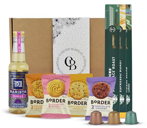 Coffee Gift Set - Hamper Gift Set For Men & Women - House, Blonde, Pike Roast Blend Pods of Original Coffee Variety Pack with Vanilla Coffee Syrup & Assorted Border Biscuits