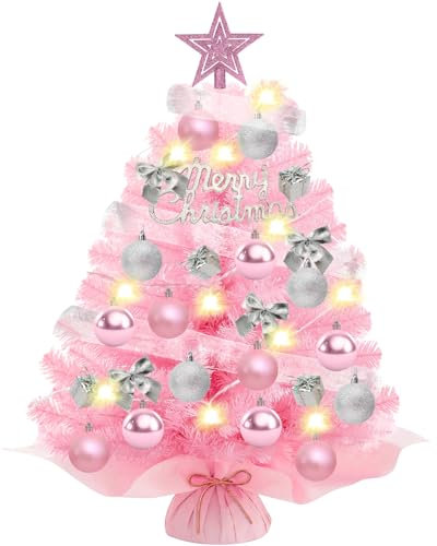 YSWOVUO Albero di Natale Piccolo 60cm, Mini Albero di Natale Rosa con Luci Incorporate a LED e Natale Ornamenti Natalizi, Albero di Natale Artificiale per Natale Decorazioni Tavola