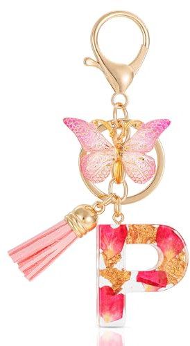 MWOOT Letter Keychains Initiale Porte Clef Lettre P,Alphabet Initial Keyring avec Papillon Pendentif,Rose Pétales Feuille D'or Key Ring pour Femmes Filles Portefeuilles Sac à Main Charme (P)