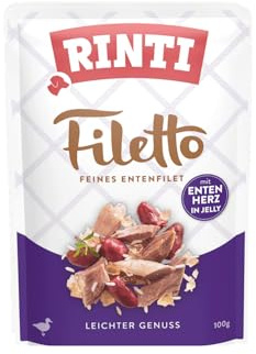 RINTI - Filetto | Leicht verdauliches Nassfutter für ausgewachsene Hunde. Ergänzungsfutter in Jelly im Frischebeutel ohne Farb- und Konservierungsstoffe | 24x100g Ente + Entenherz