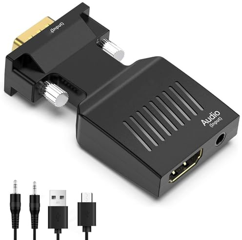 Yanmis Convertitore VGA a HDMI 1080P 60Hz, Adattatore VGA Maschio a Femmina HD con Cavo Audio 3,5mm e Alimentazione Micro USB, Supporta Audio Video Sincrono per Computer Portatile, Proiet