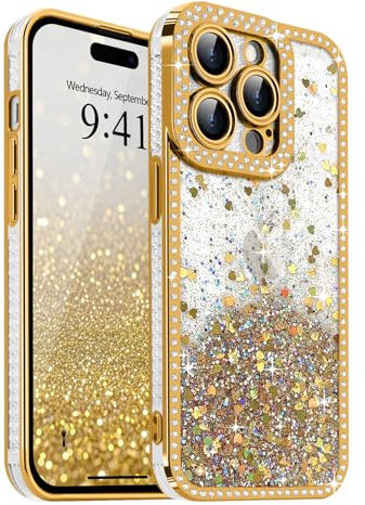 Ethanger for Sparkling Gradient Glitter Case for iPhone 14 Pro, Crystal Rhinestone Border Heart Back Cover for Girl Women Shockproof Soft TPU Cover for iPhone 14 Pro, Gold