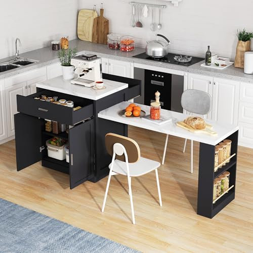 Lexiou Isla de cocina con mesa de comedor extensible para 4-6 personas, mesa de cocina bicolor con enchufe, armario de almacenamiento, 2 cajones, 2 estantes abiertos a los lados