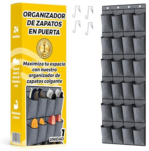 Organizador de Zapatos Colgante para Puerta con 24 Bolsillos, Zapatero Plegable Ahorra Espacio, Almacenamiento Vertical para Dormitorio, Armario, Baño o Recibidor – Gris (45x55 cm) - 1 Unidad