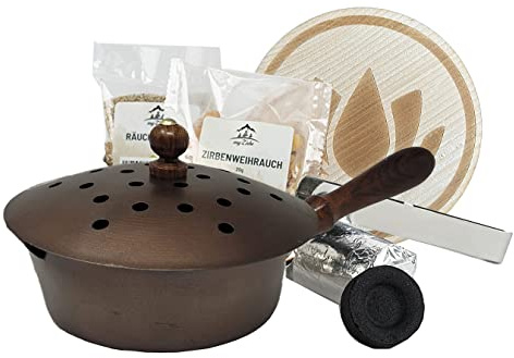 Hochwertige Räucherpfanne aus Eisen mit Holzgriff Kupferfarbig – Komplett-Set inkl. Kohle, Sand & Zange – Wohnraum-Räucherung für Harze & Weihrauch (Ø 16cm)