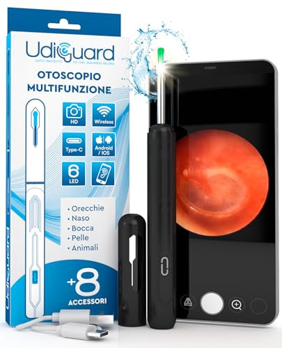 Ohrenschmalz Entferner Otoskop mit Kamera 1920p 3,6mm WiFi Ohrenreiniger - UdiGuard Ohrenspiegel Ohr mit 6 LED-Leuchten Erwachsene Kinder Haustier - Kompatibel mit iPhone iPad Android Schwarze