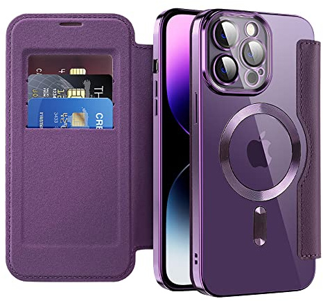 SIYOPINPFY Wallet Case for iPhone 14 Pro Max, [Compatible with MagSafe] Premium Flip Leather Card Holder with RFID Blocking Clear Magnetic Back Cover Shockproof Case for iPhone 14 Pro Max (Purple JD)