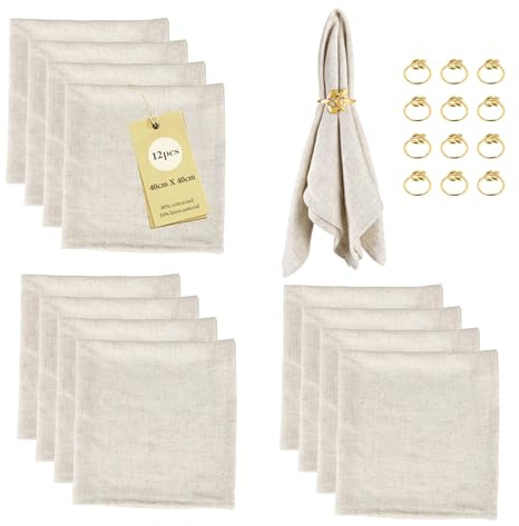 SUPAWAY 12er Pack Stoffservietten Leinenservietten (12 Baumwoll Servietten + 12 Serviettenringe) Servietten und Serviettenringe Set 40x40cm für Hochzeit Geburtstag Party Küche Cafe Restaurant, Beige