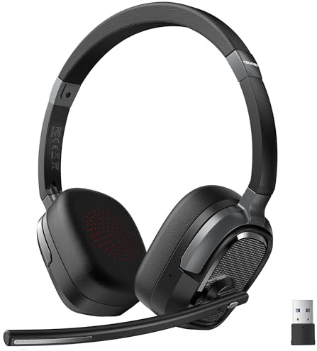 TECKNET Auriculares Inalámbricos Bluetooth Diadema, Cascos Inalambricos con Micrófono, Cancelación Ruido ENC, +50h Autonomía, Conexión Bluetooth/USB-A para PC, Portátil, Skype y Centro de Llamadas