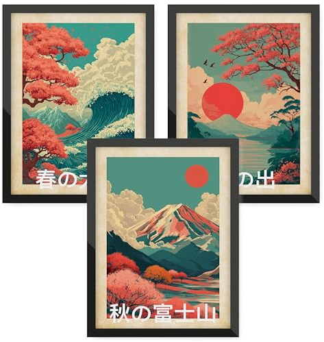 Donari Set di poster giapponesi, quadri da parete con motivi asiatici, Kyoto, Tokyo e cultura tradizionale, idea regalo per gli appassionati del Giappone (set 1 - Fuji x fiori di ciliegio, 30 x 40 cm