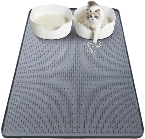 ohbien Cat Litter Mat Extra Large, 101x71cm Silicone Waterproof Cat Litter Tray Mat with Raised Edges for Scatter Control, Soft on Kitty Paws Easy to Clean, Trapping Mat for Litter Trays & Food Bowls
