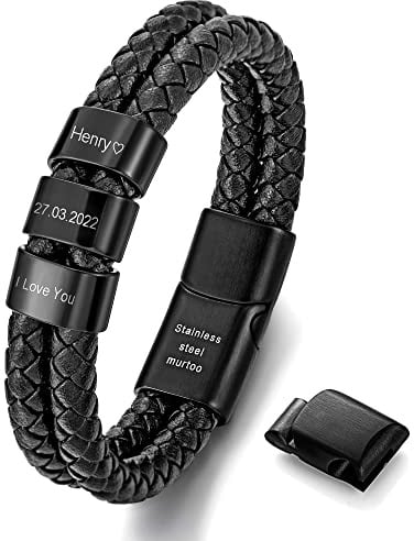 murtoo Armband Herren Leder, personalisierbar mit Gravur Name, geflochtenes Armband Schwarz mit Edelstahl Magnetverschluss