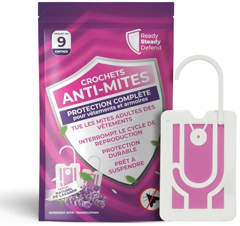 9 x Anti-mites Textiles | Jusqu’à 3 mois de protection par crochet | Anti-mites Vêtements | Antimites Vêtements Puissant | Parfum Lavande