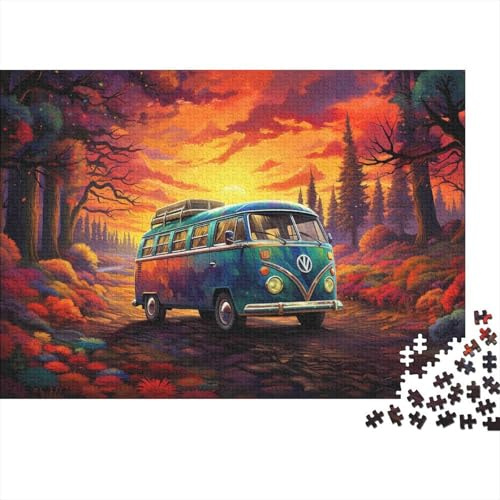 VW Bus Sonnenuntergang Fahrt 1000-teile Recycelte Pappe für Erwachsene Hochauflösender Druck Hippie Bus Puzzle für Wanddekoration & Geschenke Tolle Geschenkideen 52x38cm/1000pcs