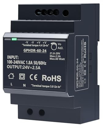Fuente alimentacion 24v DIN 2.5A 60W hdr-60-24 din riel Entrada 100-240V CA, salida constante 24V CC/2.5 A con protección contra sobretensión sobrecarga sobrecorriente y cortocircuito.