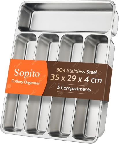 Sopito Cutlery Drawer Organiser Stainless Steel, 35 x 29 x 4cm | Cutlery Tray with 5 Compartments, Space-Saving, Scratch-Resistant Finish, Effortless Cleaning & Maintenance, Odor-Free
