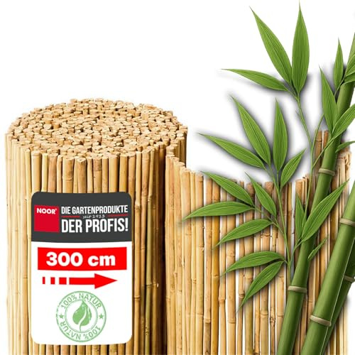 NOOR Bambusmatte Bahia - Sichtschutzmatte Bambuszaun - Natur 1,8 x 3,0 m | Natürlicher Sicht- & Windschutz aus Bambus für Balkon, Terrasse & Garten - schmale Bambusrohre mit Draht durchbohrt