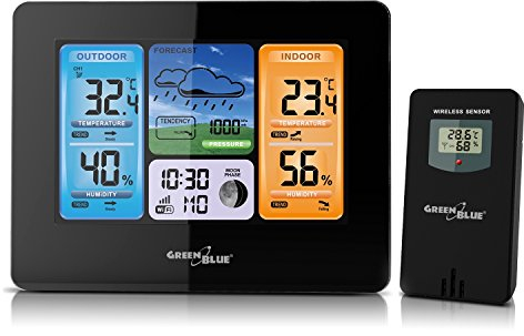 GreenBlue GB522 Wetterstation mit Wettertrendvorhersage WiFi App Funk Wetterstation mit Außensensor Wecker Farb Display