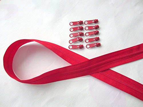 5m Reißverschluss endlos, Spirale 3mm + 15 Schieber/Zipper 32 Farben, Meterware (Rot)