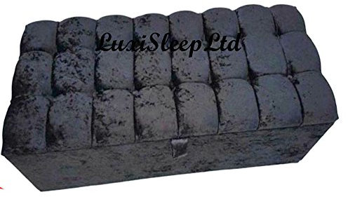 luxisleepltd,,,Beautiful Large Cube Crushed Velvet Fabric Diamante/Fabric Buttons ottoman storage box blanket box, (LARGE WITH FABRIC BUTTONS, Black)