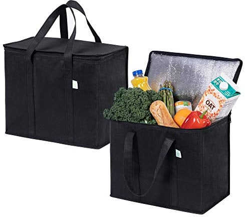 VENO 2 Pack Insulated Reusable Grocery Shopping Bag, Food Delivery, Cooler Bag, Heavy Duty, Large Size, Durable Handles, Dual Tab Zips, Lid, Stands Upright, Collapsible, Sustainable (Black, 2 Pack)