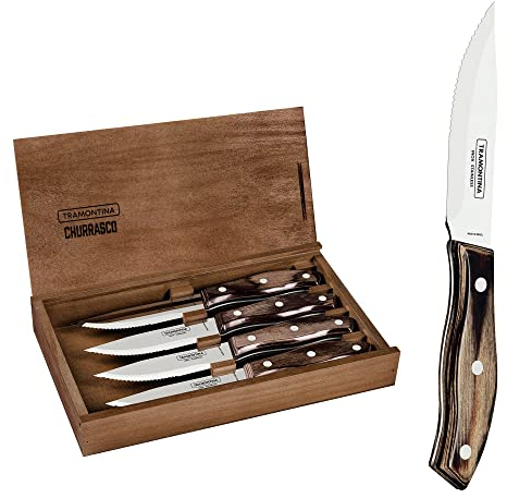 Tramontina - Juego de Cuchillos Churrasco, para Carne, en Acero Inoxidable y Mangos de Madera Polywood en Color Castaño, Utensilios con Remaches, en Estuche de Madera, 4 Piezas