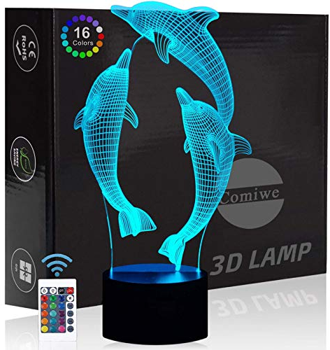 Comiwe Delfin 3D Illusion Nachtlicht Spielzeug,Haus Dekor LED Bettseite Tischlampe 16 Farben Ändern und Fernbedienung,Weihnachten Geburtstag Geschenk für Mädchen Junge Kinder Freunde und Familie