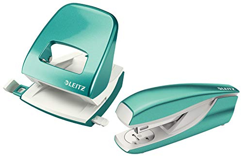 Leitz Locher (30 Blatt, Anschlagschiene mit Formatvorgaben, Metall, Wow) (Eisblau metallic + Heftgerät)