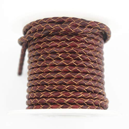 Glory Qin Runde, gefaltete Bolo-Kordel aus geflochtenem Echtleder, zur Herstellung von Armbändern und Schmuck, Vintage-Braun, 3 mm