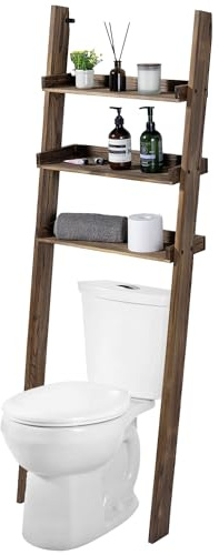 MyGift 5.5 Foot Tall Rustic Burnt Solid Wood Over The Toilet Decorative Ladder Standing Shelf, 3 Tier Bathroom Organizer Leaning Storage Shelves Rack Stand