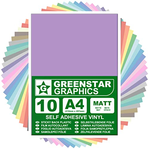 GREENSTAR GRAPHICS MATT A4 STICKY BACK PLASTIC SELF ADHESIVE ART & CRAFT VINYL (10 SHEET PACK). Compatible With 12” Cricut, Silhouette Cameo/Curio/Portrait, Scan N Cut (LIGHT PURPLE MATT 10 A4)