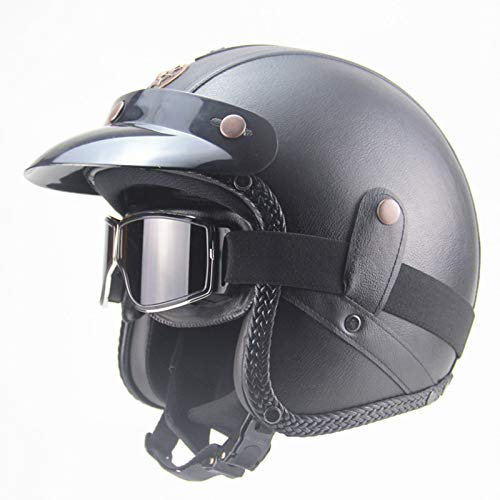 GAOZ Mezzo Casco da Moto con Occhiali Visiera, Casco Vintage Moto Nero Opaco Scooter Motorino Chopper Sicurezza Casco DOT Omologato retrò Casco Scodella Adulto