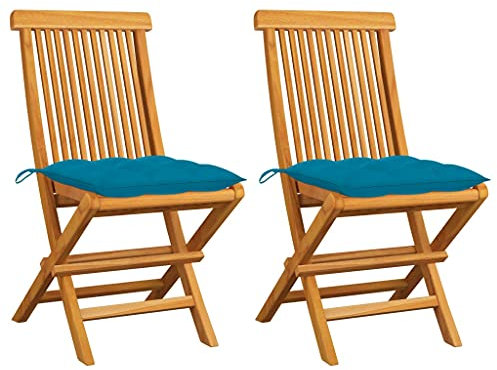 vidaXL 2X Teak Massiv Gartenstuhl mit Hellblauen Kissen Klappstuhl Holzstuhl Stuhl Gartenmöbel Stühle Balkonstuhl Terrassenstuhl Essstuhl