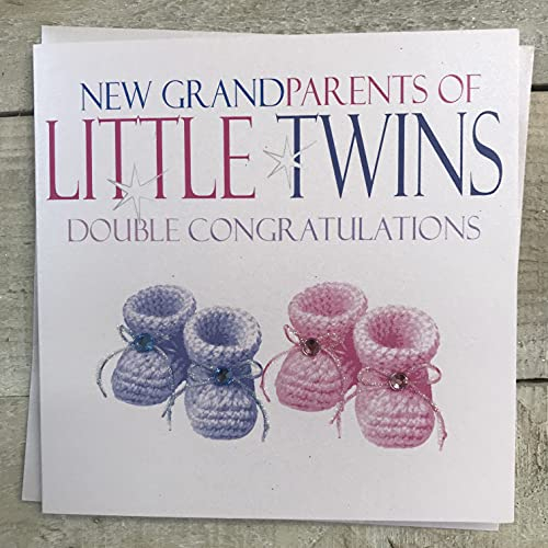 WHITE COTTON CARDS Glückwunschkarte für Großeltern, Zwillinge, doppelte Glückwünsche, Rosa und Blau, handgefertigt, N226-G, Weiß/Creme, 16 x 16 cm