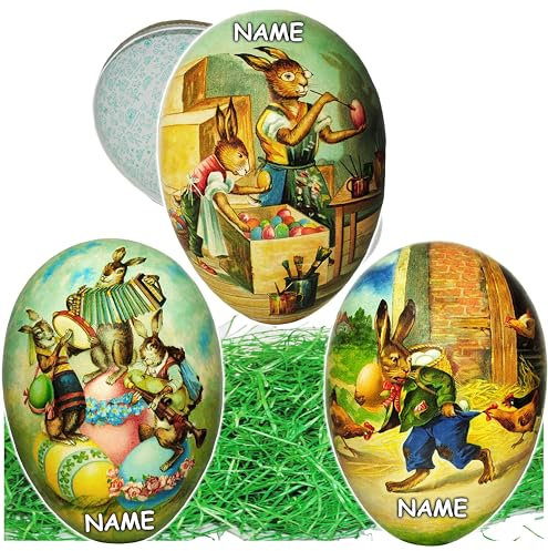 alles-meine.de GmbH 2 TLG. Set Ostergras & Füll - Pappei 9 cm - nostalgische Osterhasen - inkl. Name - Osterei/Ei zum befüllen - Deko Pappe Papp Pappeier Dekoei Papposter..