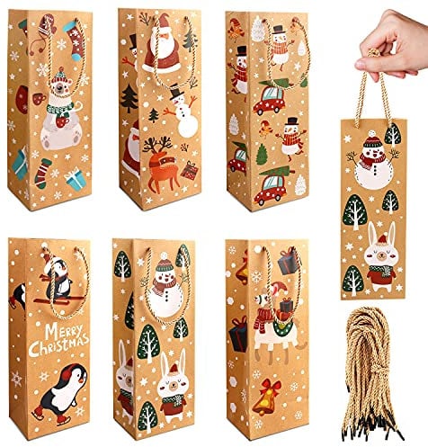 LOKIPA Christmas Kraft Paper Wine Bottle Gift Bags, 12 Pcs Xmas Gift Bags for Christmas Gifts
