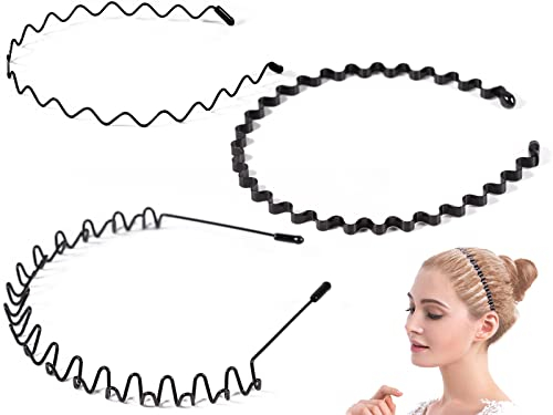 Serre tete Homme et Femme 3Pcs Élastique Bandeau Cheveux Cerceau Homme Multi-style Hair Band for Sport Noir Unisexe Headband Cheveux Accessoires Métal Serre tete Zig Zag