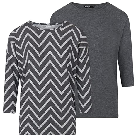 ONLY Damen Top ONLGLAMOUR 2er Pack 3/4 Ärmel Basic Shirt Rundhals | Loose Fit Langarmshirt Oberteil Muster Aufdruck Sommer Schwarz Grün Grau XS S M L XL XXL