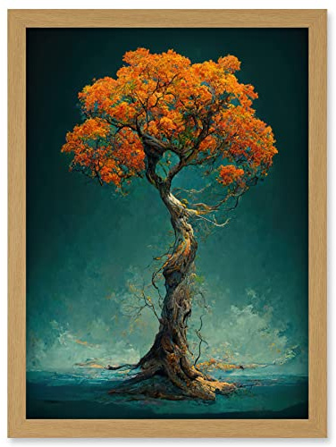 Doppelganger33 LTD Elegant Ancient Lone Autumn Fall Tree On Teal Artwork Framed Wall Art Print A4