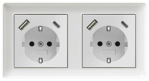 230 V Steckdose mit 1 x USB-A & 1 x USB-C, max. 3.400 mA, Schuko Wandsteckdose Unterputz, passend für Gira System 55 E2, Reinweiß glänzend, Weiß (Doppel-Steckdose)