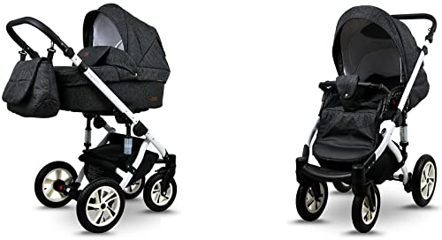 BabyLux® Sky Lark 2-in-1 Baby Kinderwagen Tief und Kinderwagen mit Zubehör Verstellbar und faltbar Aluminiumkonstruktion Wasserdicht Nicht abnehmbare Räder Black Flex White Frame