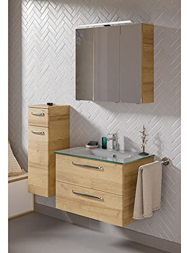 Lomadox Badezimmer Badmöbel Set mit Waschtisch Waschbecken Glas Unterschrank Spiegelschrank in Riviera Eiche Nb., B/H/T: ca. 122/200/50 cm