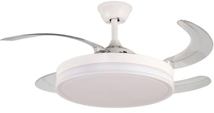 VENTILADOR APP MOVIL FACIL MONTAJE EN TECHO DC LED ATENUABLE RETRACTIL 4 ASPAS - Opción Sin Pitido, Temporizador, Control Invierno Verano, 3 Tonos, Modo Brisa, Bajo consumo (Blanco, 107D)