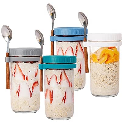 Overnight Oats Jars with Lids and Spoon, 4Pcs Reusable Airtight Mason Jars Oatmeal Cup Container, Wide Mouth Breakfast Pots, Glass Yogurt Pots for Salads Cereal Milk Porridge Fruit Vegetable (600ml)