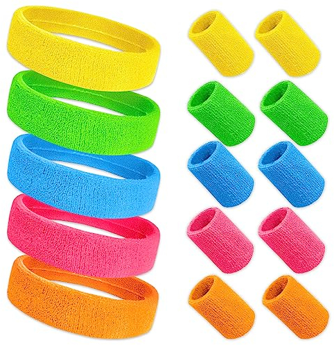 Udbrud Neon Schweißband Set, 15 Stück 80er Jahre Stirnband 5 Farben Schweißband Stirnband Männer & Frauen für Retro 80er 90er Party Karneval Laufen Joggen Tennis