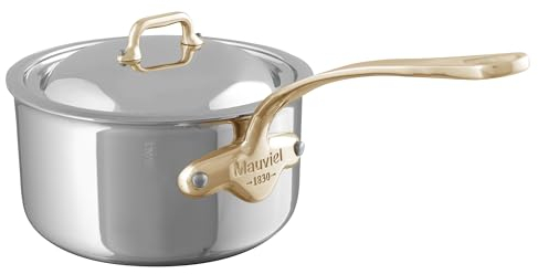 Mauviel M'Cook BZ Sauteuse 5 plis en acier inoxydable poli avec couvercle et poignée en bronze, 1,8 l, fabriquée en France