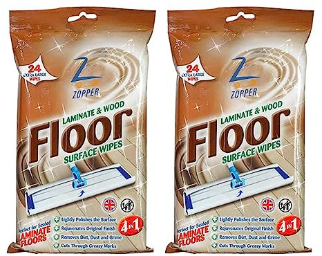 ZOPPER 2 x 24 Laminate & Wood Floor Surface Cleaning Wipes Extra Large Size Removes Grime Dirt & Stain Kill 99.9% Of Bacteria With Quick Drying Formula